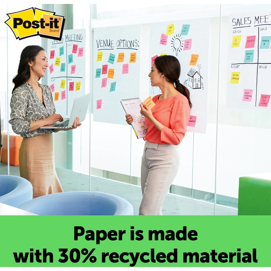 Post-it® Easel Pad with Recycled Paper - 30 Sheets - Plain - Stapled - 18.50 lb Basis Weight - 25" x 30" - 30.50" x 25" - White Paper - Black Cover - Self-adhesive, Bleed-free, Repositionable, Resist Bleed-through, Removable, Sturdy Back, Cardboard Ba