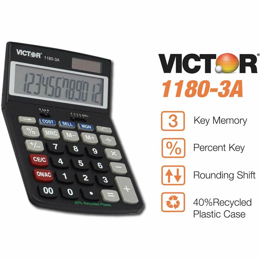 Victor 11803A Business Calculator - Easy-to-read Display, Auto Power Off - 12 Digits - LCD - Battery/Solar Powered - 1.1" x 4" x 6.5" - Black - Plastic - 1 Each