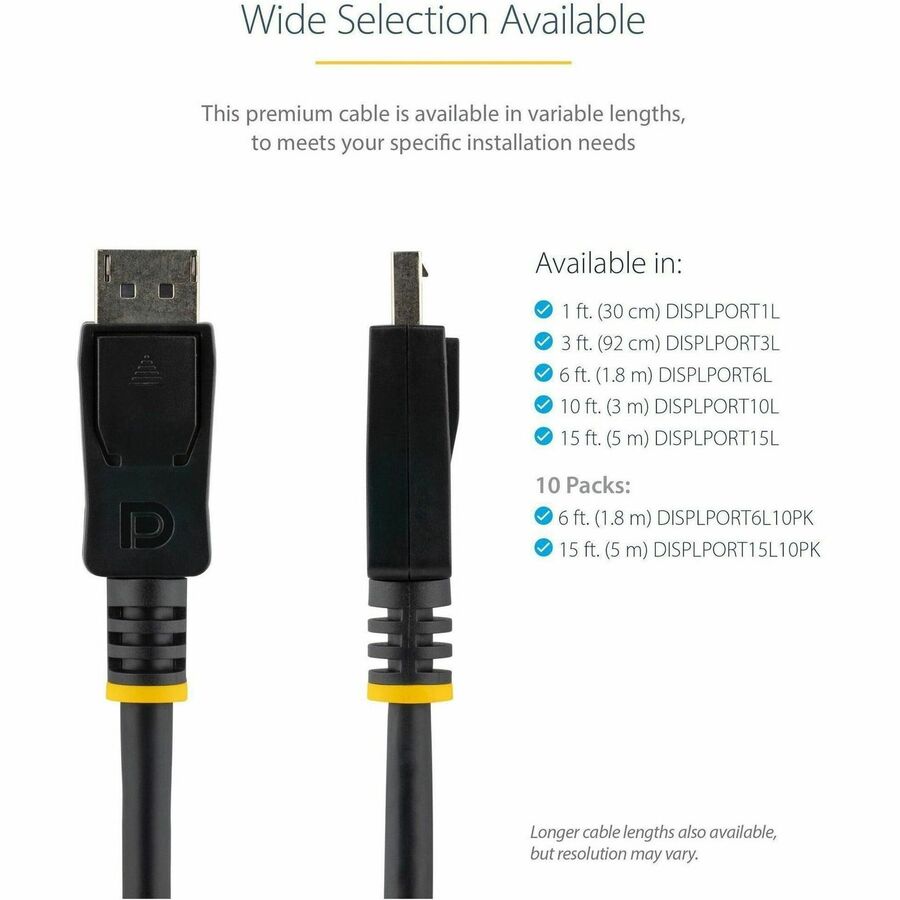 StarTech.com 10 ft Certified DisplayPort 1.2 Cable with Latches M/M - DisplayPort 4k - Create high-resolution 4k x 2k connections with HBR2 support between your DisplayPort-equipped devices - DisplayPort 1.2 Cable - DisplayPort 4k - DP to DP Cable - Displ - AV Cables - STCDISPLPORT10L