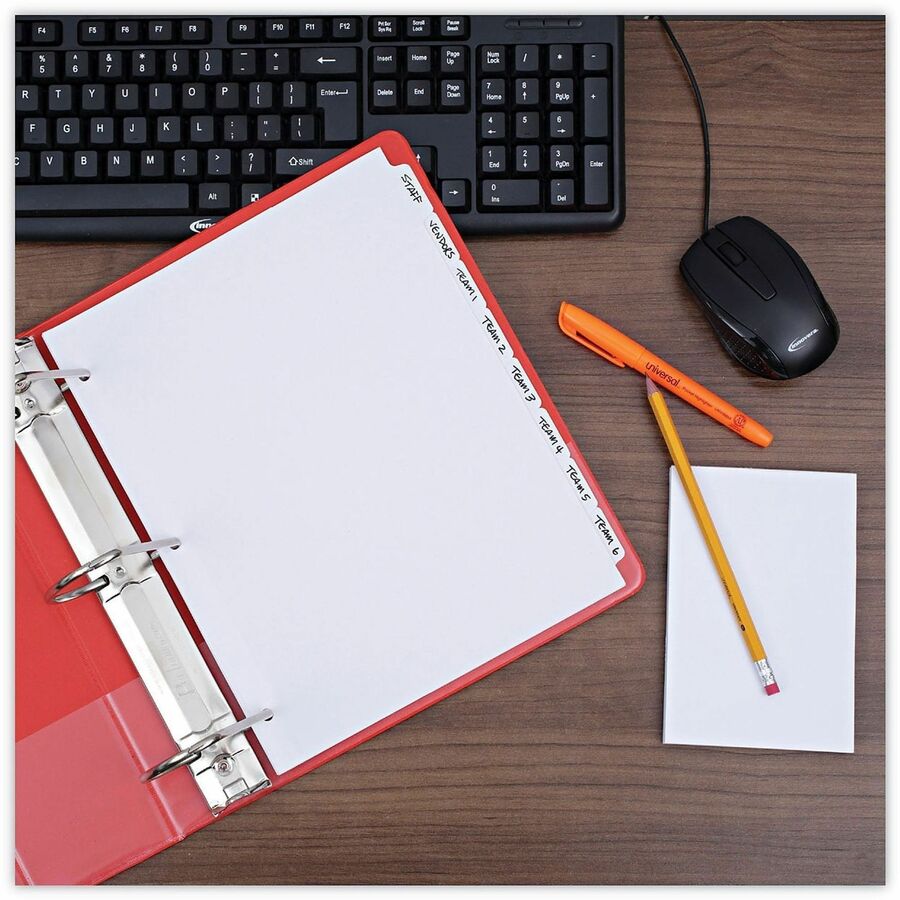 Universal Self-Tab Index Dividers, 8-Tab, 11 x 8.5, White, 24 Sets - 24 x Divider(s) - 8 Blank Side Tab(s) - 8.5" Divider Width x 11" Divider Length - Letter - 3 Hole Punched - White Ledger Stock Divider - White Ledger Stock Tab(s) - 30% Recycled - Custom