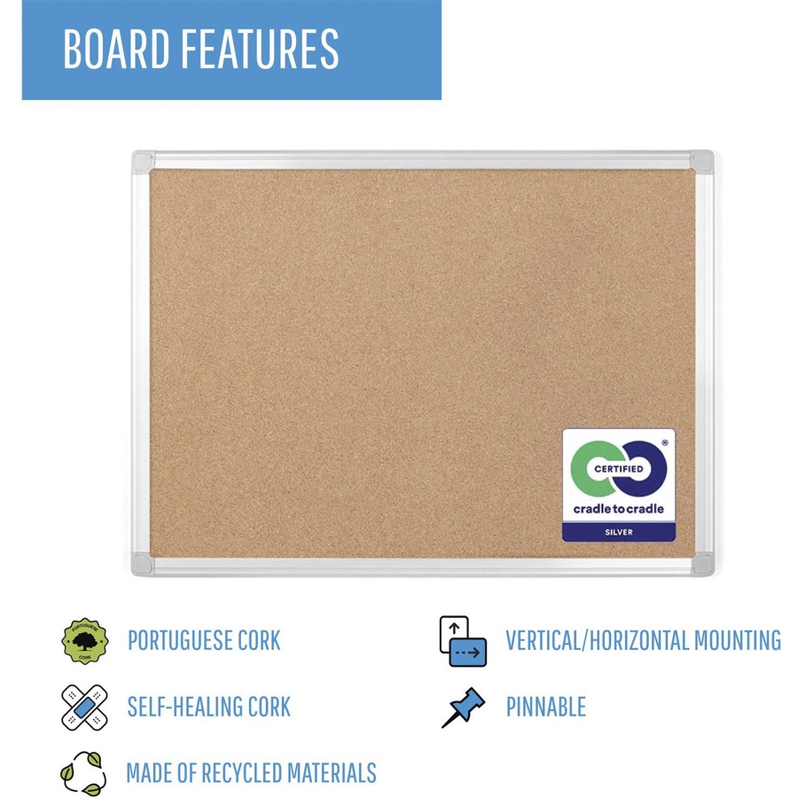 MasterVision Aluminum Frame Recycled Cork Boards - 36" (914.40 mm) Height x 48" (1219.20 mm) Width - Natural Cork Surface - Environmentally Friendly, Recyclable, Durable, Resilient, Sturdy - Wood Frame - 1 Each - Cork/Fabric Bulletin Boards - BVCCA051790