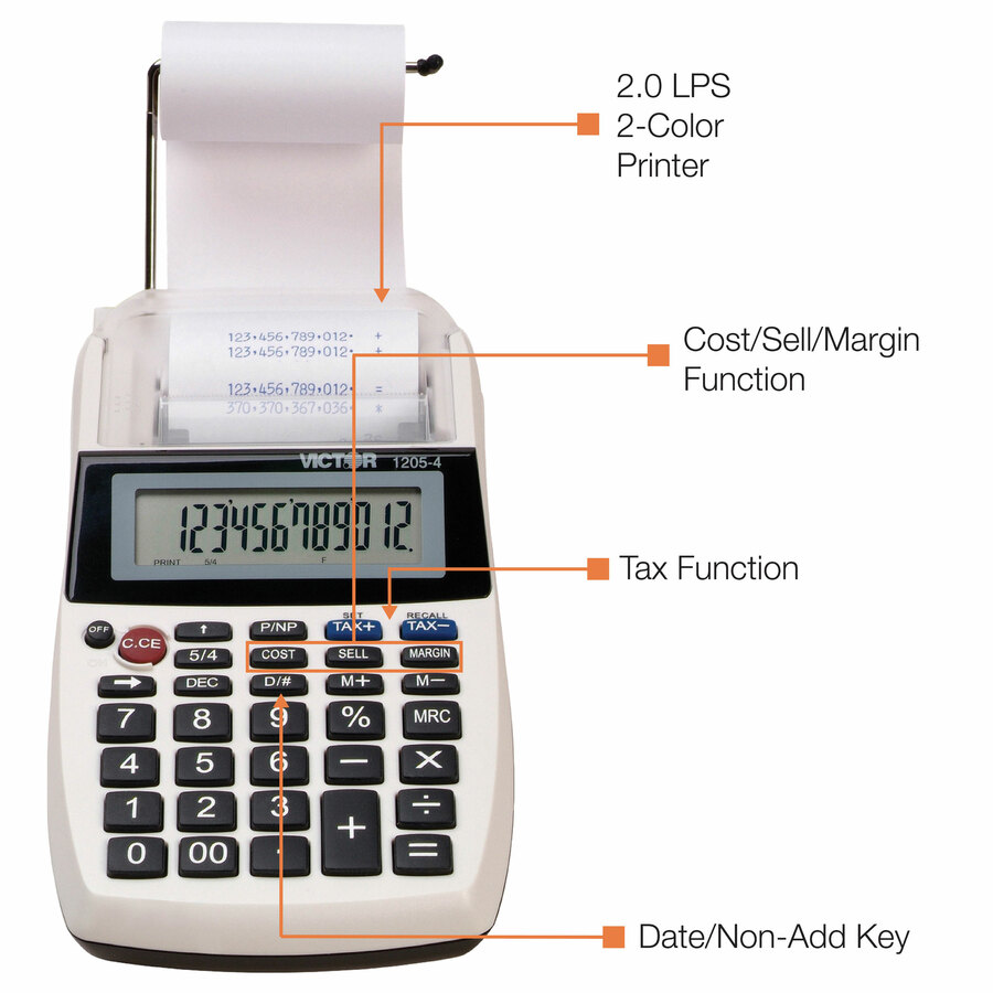 Victor 1205-4 12 Digit Portable Palm/Desktop Commercial Printing Calculator - 2 LPS - Environmentally Friendly, Large Display, Independent Memory, 3-Key Memory - Power Adapter Powered - 1.8" x 4" x 8" - Multi, Black - 1 Each