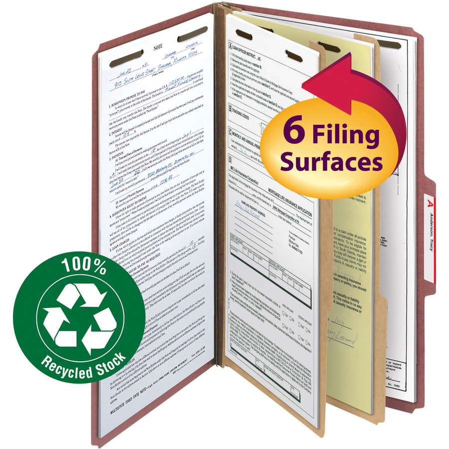 Smead 2/5 Tab Cut Legal Recycled Classification Folder - 8 1/2" x 14" - 2" Expansion - 2 x 2K Fastener(s) - 1" Fastener Capacity, 2" Fastener Capacity - Top Tab Location - Right of Center Tab Position - 2 Divider(s) - Pressboard - Red - 100% Recycled - 10 - Pressboard Classification Folders - SMD19023