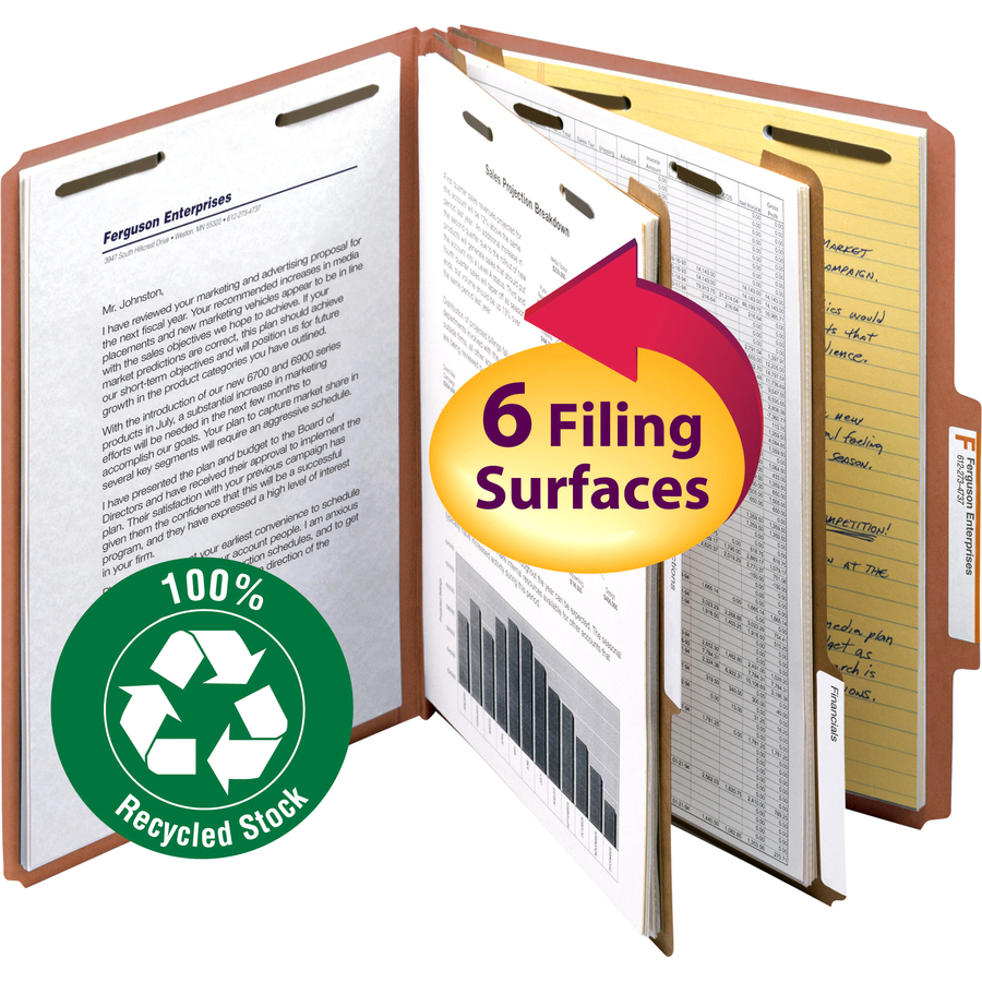 Smead 2/5 Tab Cut Letter Recycled Classification Folder - 8 1/2" x 11" - 2" Expansion - 2 x 2K Fastener(s) - 1" Fastener Capacity, 2" Fastener Capacity - Top Tab Location - Right of Center Tab Position - 2 Divider(s) - Pressboard - Red - 100% Recycled - Pressboard Classification Folders - SMD14024