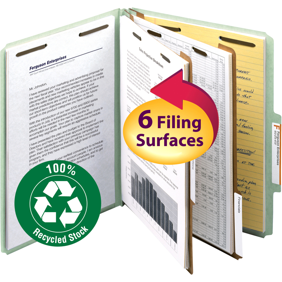 Smead 2/5 Tab Cut Letter Recycled Classification Folder - 8 1/2" x 11" - 2" Expansion - 2 x 2K Fastener(s) - 1" Fastener Capacity, 2" Fastener Capacity - Top Tab Location - Right of Center Tab Position - 2 Divider(s) - Pressboard - Gray, Green - 100% Recy - Pressboard Classification Folders - SMD14023