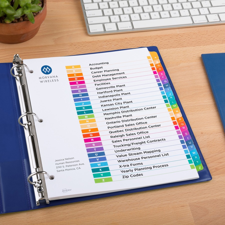 Avery® Ready Index A-Z Table of Contents Dividers - 26 x Divider(s) - Table of Contents, A-Z - 26 Tab(s)/Set - 8.50" Divider Width x 11" Divider Length - 3 Hole Punched - White Paper Divider - Multicolor Paper Tab(s) - Index Dividers - AVE11125