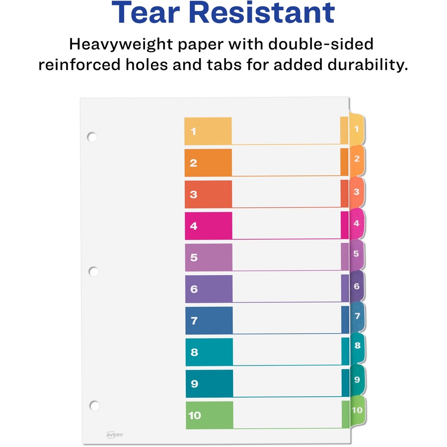 Avery® Ready Index(R) 10-Tab Binder Dividers, Customizable Table of Contents, Multicolor Tabs, 24 Sets (11169) - 240 x Divider(s) - 1-10, Table of Contents - 10 Tab(s)/Set - 8.50" Divider Width x 11" Divider Length - 3 Hole Punched - White Paper Divid - Index Dividers - AVE11169