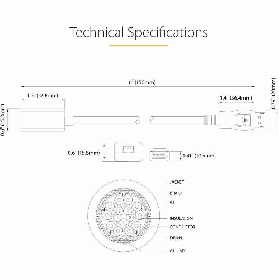 StarTech 6in (15cm) DisplayPort to Mini DisplayPort Cable, 4K x 2K Video, DP Male to Mini DP Female Adapter Cable, DP to mDP 1.2