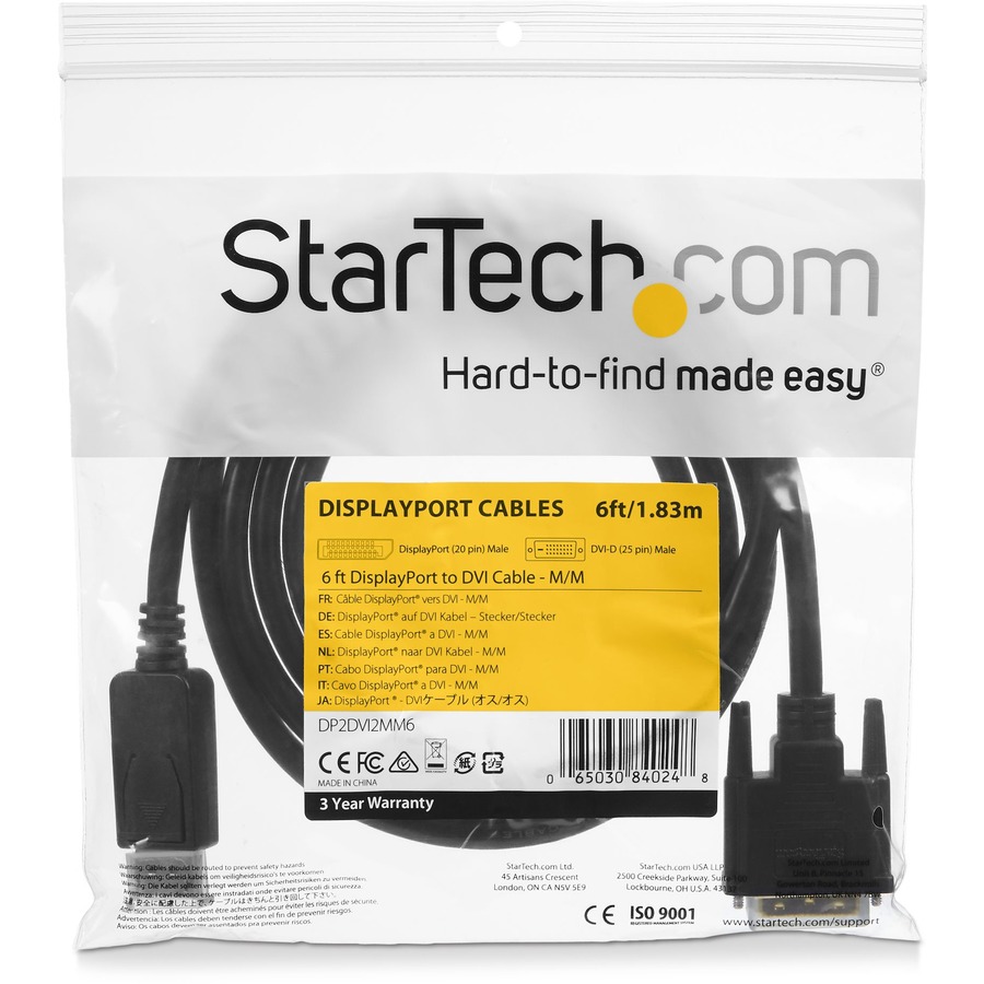 StarTech.com 6ft (1.8m) DisplayPort to DVI Cable, 1080p Video, DisplayPort to DVI-D Adapter/Converter Cable, DP 1.2 to DVI Monitor Cable - 6ft Passive DP 1.2 to DVI-D single-link cable connects DVI monitor; 1920x1200/1080p 60Hz; HBR2/HDCP 1.4; EDID - Disp - AV Cables - STCDP2DVI2MM6