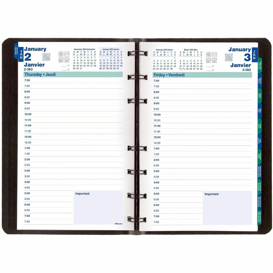 Blueline MiracleBind Soft Cover Planner - Daily - 2018 - 7:00 AM to 7:30 PM - Half-hourly - 1 Day Single Page Layout - 5" x 8" Sheet Size - Twin Wire - Black - Address Directory, Phone Directory, Pocket, Laminated, Bilingual - Appointment Books & Planners - BLICF150381BT