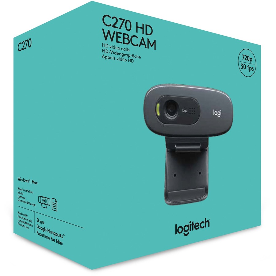 Logitech C270 Webcam - Black - USB 2.0 - 1 Pack(s) - 3 Megapixel Interpolated - 1280 x 720 Video - Widescreen - Microphone - PC & Web Cameras - LOG960000694