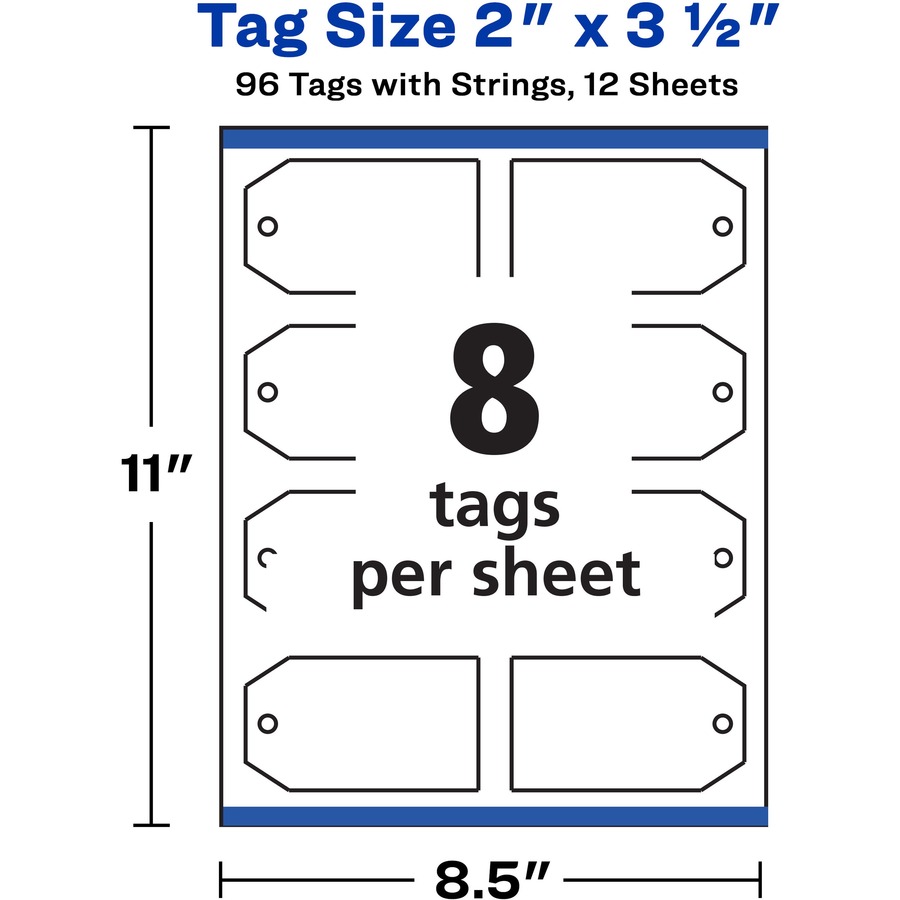 Avery® Printable Tags with String - 2" Length x 3.50" Width - Rectangular - String Fastener - 96 / Pack - Card Stock - White, Matte White