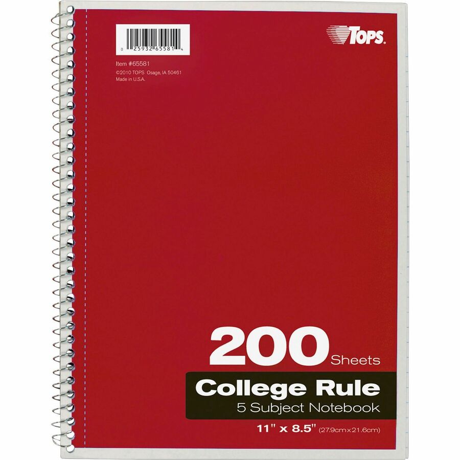 TOPS 5 - subject College - ruled Notebooks - Letter - 200 Sheets - Wire Bound - Letter - 8 1/2" x 11" - 0.25" x 8.5" x 11" - Assorted Paper - Black, Red, Blue, Green, Purple Cover - Divider, Perforated - 1 Each