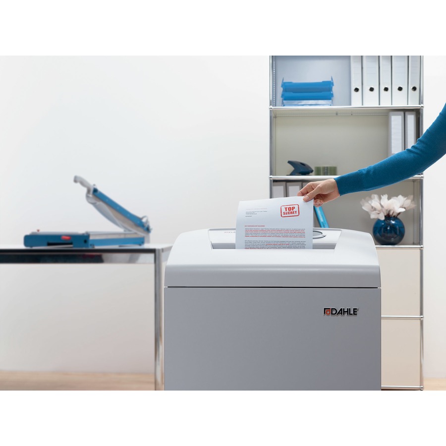 Dahle 41334 High Security Paper Shredder w/Fine Dust Filter - Non-continuous Shredder - Extreme Cross Cut - 7 Per Pass - 1" x 4.700" Shred Size - P-7 - 22 ft/min - 10.25" Throat - 10 Minute Run Time - 20 Minute Cool Down Time - 23 gal Wastebin Capacity - 