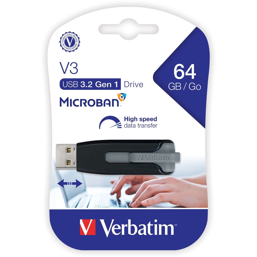 Verbatim 64GB Store 'n' Go V3 USB 3.0 Flash Drive - Gray - 64 GB - USB 3.0 - 80 MB/s Read Speed - 25 MB/s Write Speed - Black, Gray - Lifetime Warranty - 1 Each - USB Drives - VER49174