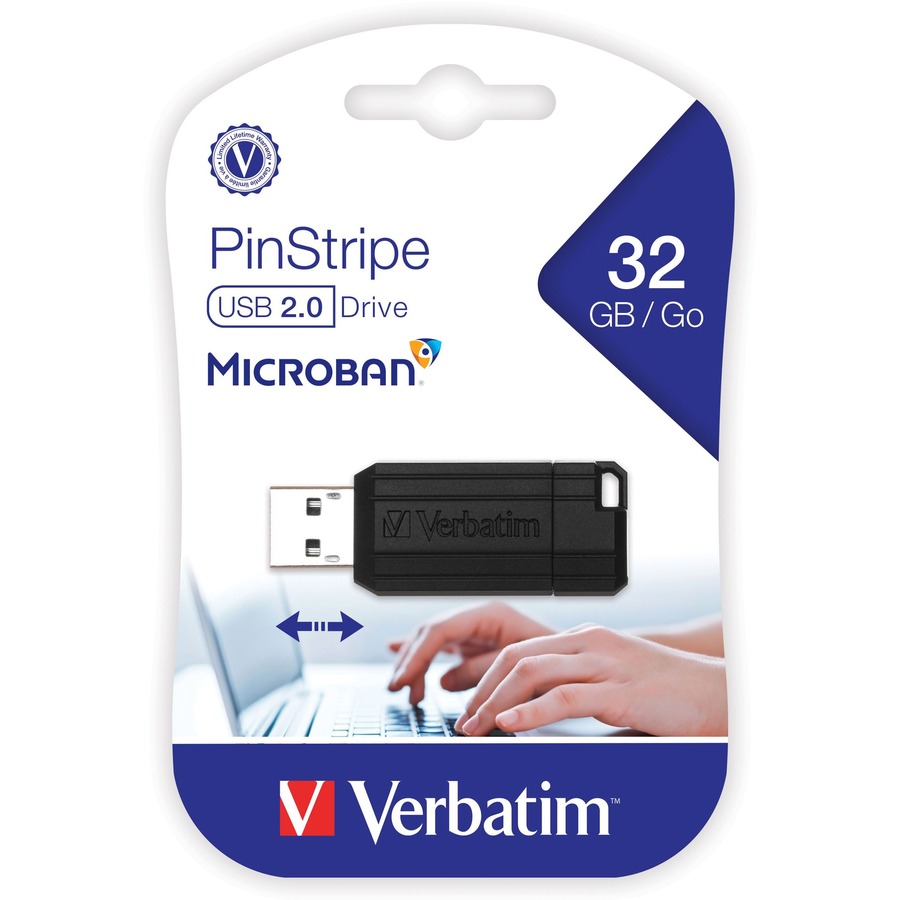 Verbatim 32GB Pinstripe USB Flash Drive - Black - 32 GB - USB 2.0 Type A - Black - Lifetime Warranty - 1 Each = VER49064