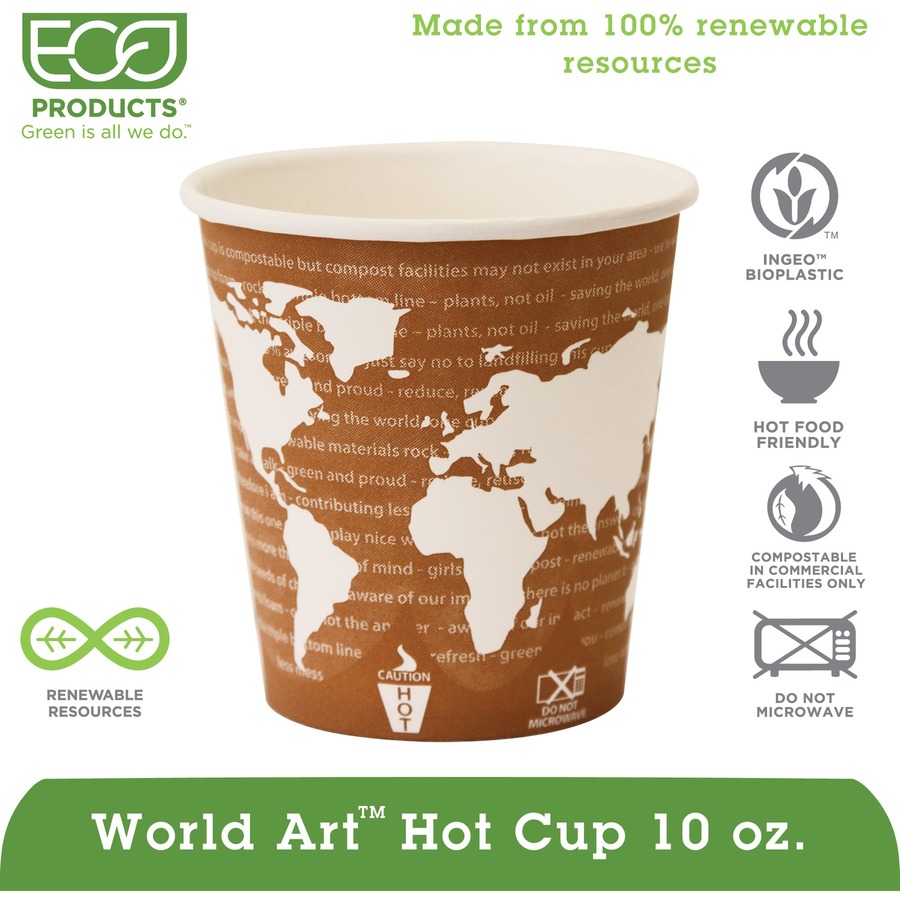 Eco-Products 10 oz World Art Hot Beverage Cups - 50 / Pack - 20 / Carton - Multi - Paper, Resin - Hot Drink