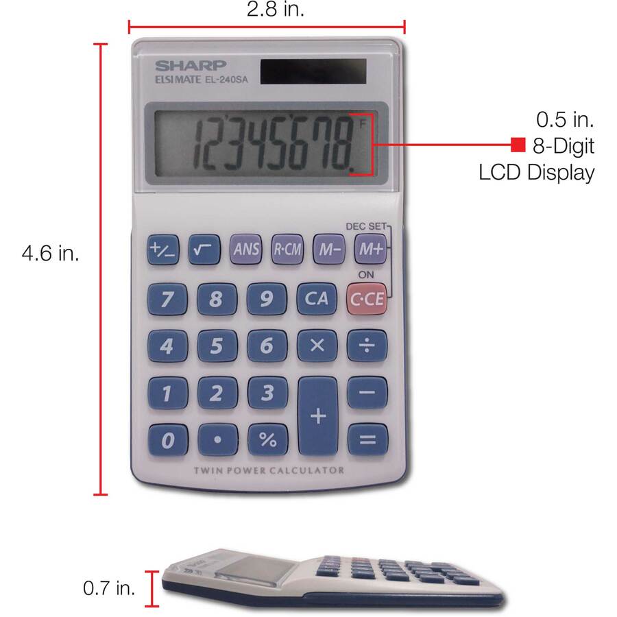 Sharp Calculators EL-240SAB 8-Digit Handheld Calculator - 3-Key Memory, Sign Change, Auto Power Off - 8 Digits - LCD - Battery/Solar Powered - 1 - LR1130 - 0.7" x 2.8" x 4.6" - Gray, Blue - 1 Each