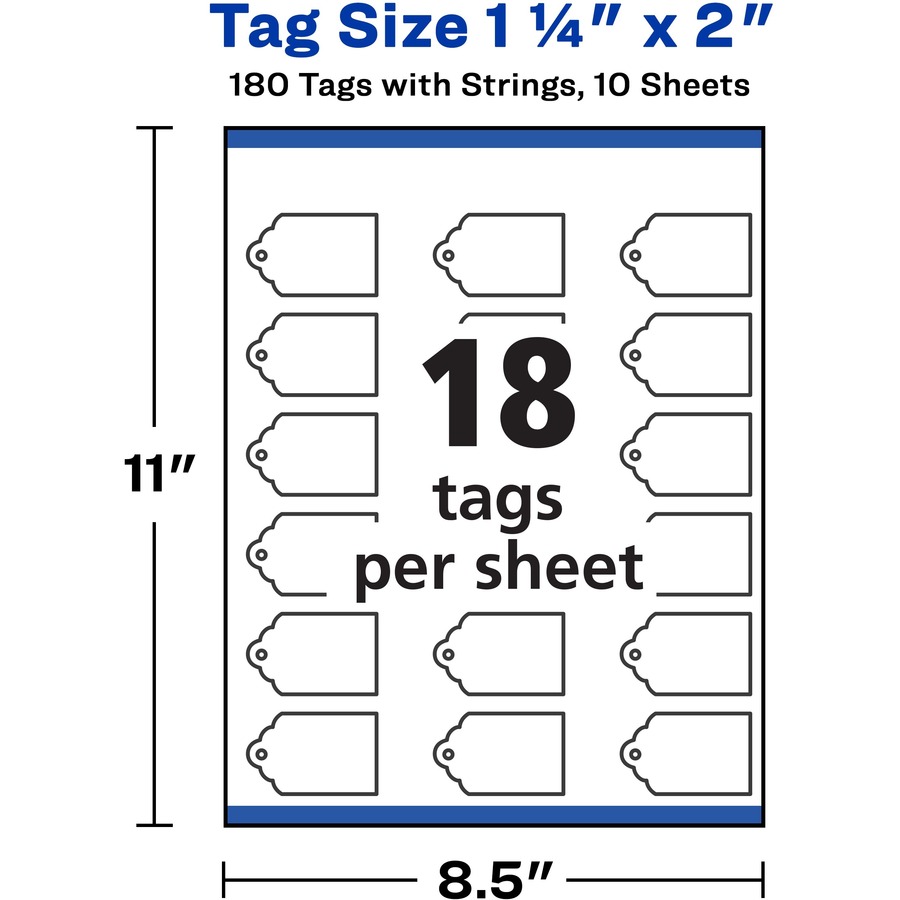 Avery® Printable Tags - Scallop Edge - 2" (50.80 mm) Length x 1.25" (31.75 mm) Width - Rectangular - String Fastener - 180 / Pack - Paper, Card Stock - White - Marking Tags - AVE22848