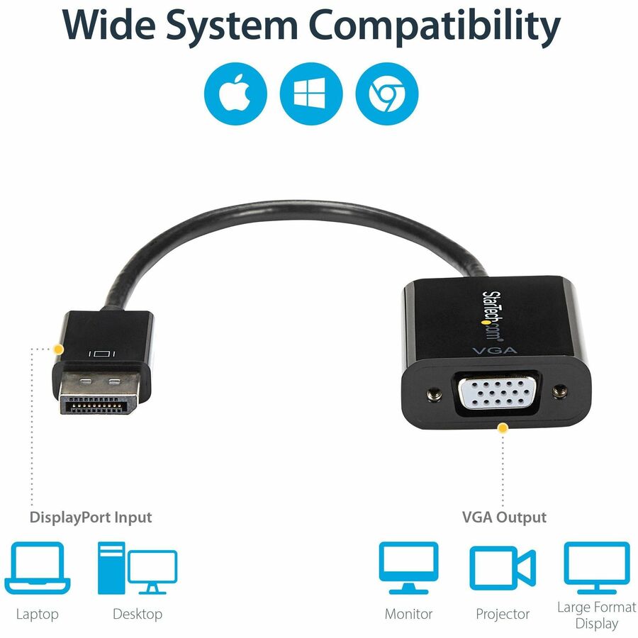 StarTech.com DisplayPort to VGA Adapter, Active DP to VGA Converter, 1080p Video, DP to VGA Adapter Dongle (Digital to Analog), DP 1.2 - Active DisplayPort to VGA adapter connects VGA monitor 2048x1280/1920x1200/1080p 60Hz; DP 1.2 HBR2; EDID/DDC - DP to V - AV Cables - STCDP2VGA3