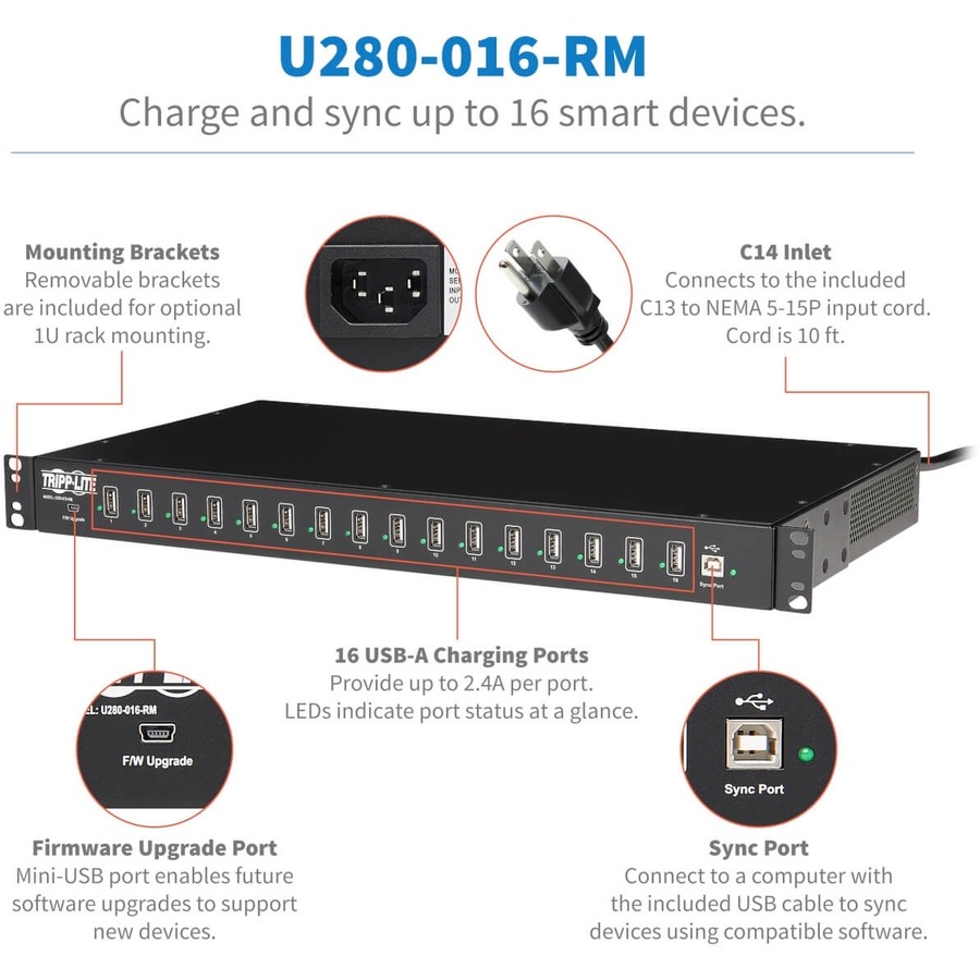 Tripp Lite by Eaton 16-Port USB Charging Station with Syncing Function - 5V 40A / 200W USB Charger Output, TAA