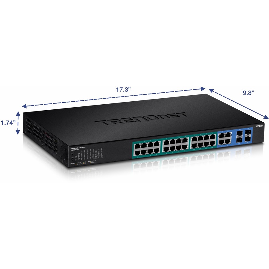 TRENDnet 28-Port Gigabit Web Smart PoE+ Switch, 24 x Gigabit Ports, 4 x Shared Gigabit Ports (RJ-45 or SFP), 185W PoE Budget, 56Gbps Switching Capacity, Lifetime Protection, Black, TPE-2840WS