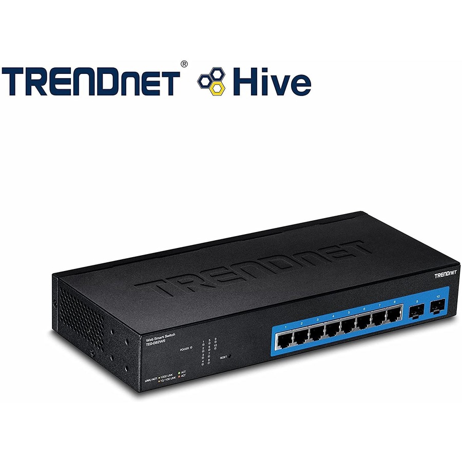 TRENDnet 10-Port Gigabit Web Smart Switch; 20 Gbps Switching Capacity; 8 x RJ-45 Ports; 2 x SFP; Slots; VLAN; QoS; LACP; IPv6 Support; Fanless; Rack Mountable; Lifetime Protection; TEG-082WS