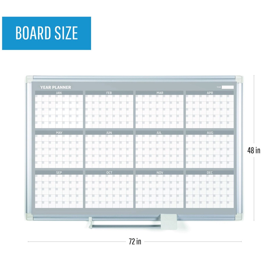 MasterVision 36" 12-month Calendar Planning Board - Yearly - 12 Month - White - Aluminum - 24" Height x 36" Width - Magnetic, Dry Erase Surface, Durable, Reference Calendar, Accessory Tray, Scratch Resistant, Ghost Resistant - 1 Each