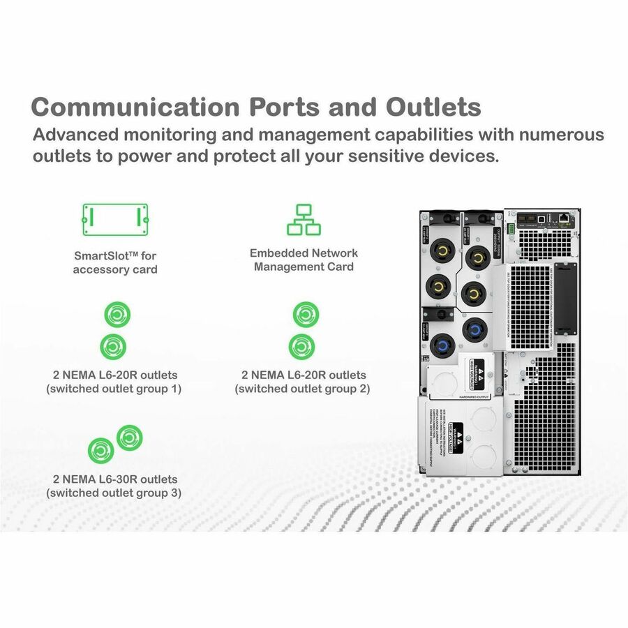 APC Smart-UPS On-Line, 8kVA/8kW, Tower, 208V, 4x L6-20R+2x L6-30R NEMA outlets, Network Card+SmartSlot, Extended runtime, W/O rail kit