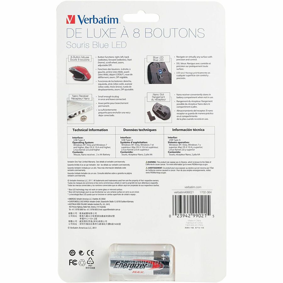 Verbatim Wireless Desktop 8-Button Deluxe Mouse - Blue LED/Optical - Wireless - Radio Frequency - Red - 1 Pack - USB 1.1 - 1600 dpi - Scroll Wheel - 8 Button(s) = VER99021