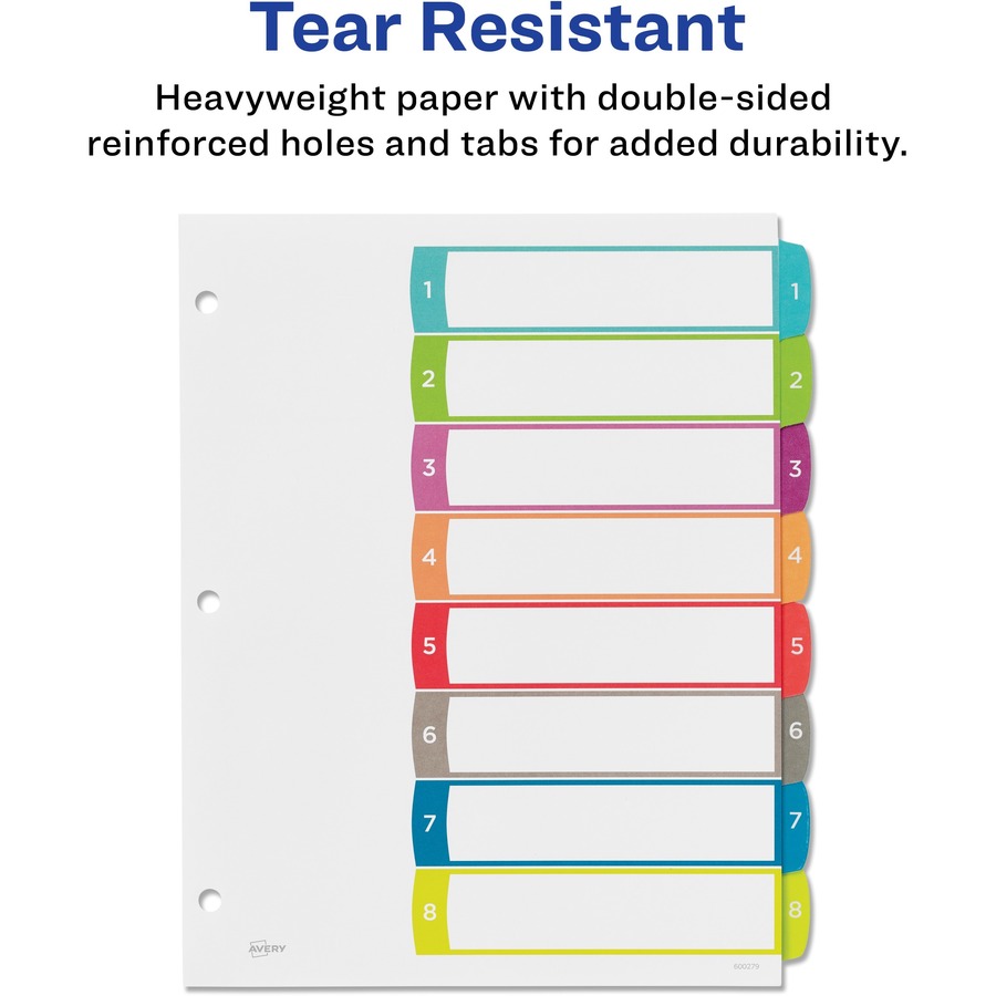 Avery® Ready Index Custom TOC Binder Dividers - 8 x Divider(s) - Table of Contents, 1-8 - 8 Tab(s)/Set - 8.50" Divider Width x 11" Divider Length - 3 Hole Punched - White Paper Divider - Multicolor Paper Tab(s) - 8 / Set - Index Dividers - AVE11841