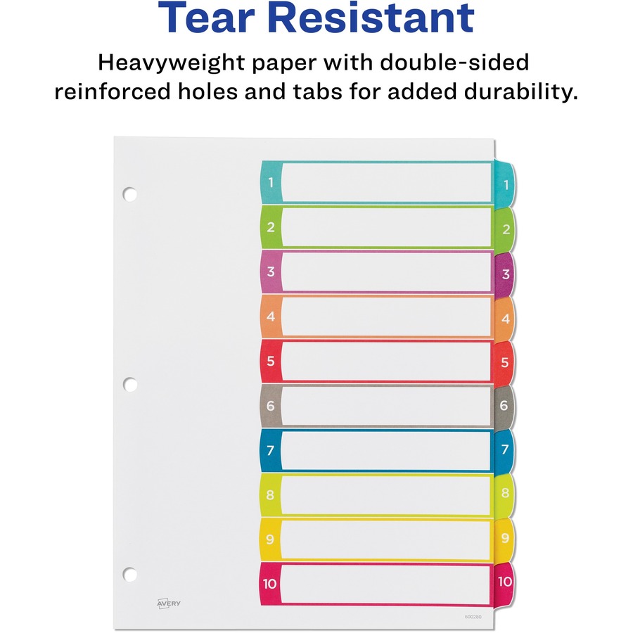 Avery 10-Tab Dividers for 3 Ring Binders Multicolor Tabs Customizable Table of Contents 11842 1 Set 