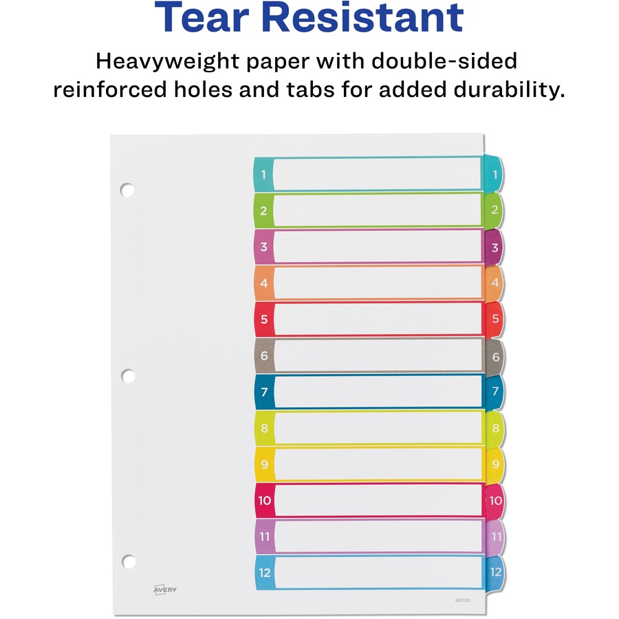 Avery® Ready Index Custom TOC Binder Dividers - 12 x Divider(s) - 1-12 - 12 Tab(s)/Set - 8.50" Divider Width x 11" Divider Length - 3 Hole Punched - White Paper Divider - Multicolor Paper Tab(s) - 12 / Set = AVE11843