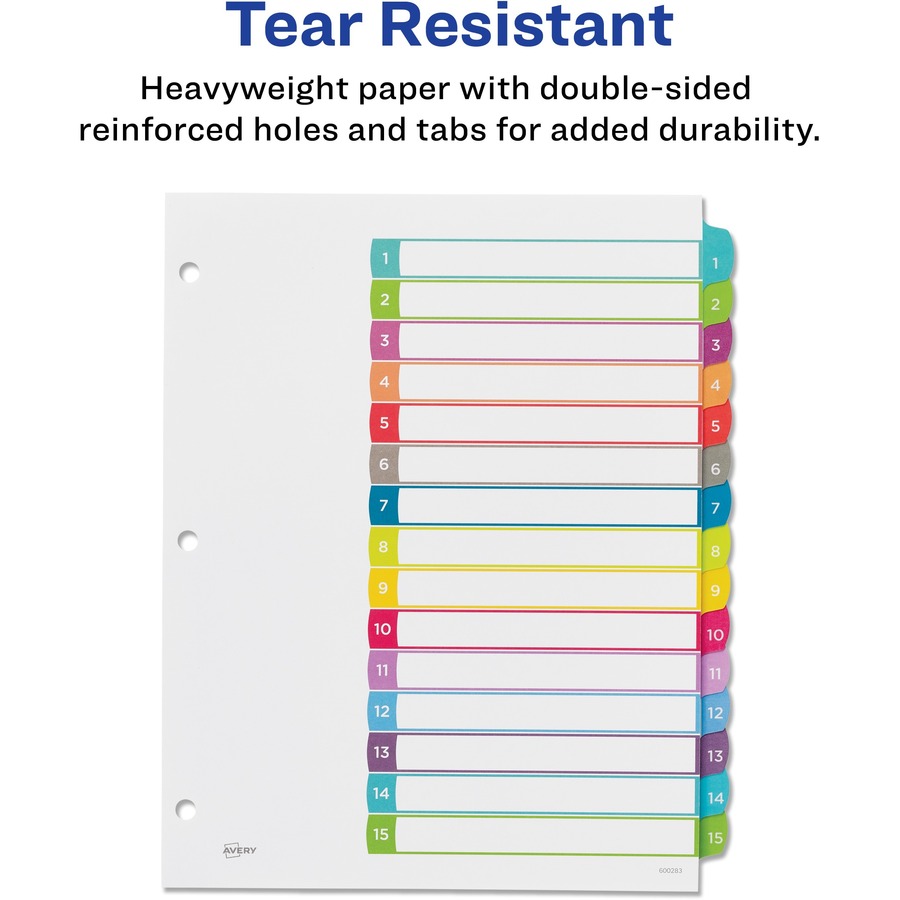 Avery® Ready Index Custom TOC Binder Dividers - 15 x Divider(s) - 1-15, Table of Contents - 15 Tab(s)/Set - 8.50" Divider Width x 11" Divider Length - 3 Hole Punched - White Paper Divider - Multicolor Paper Tab(s) - 15 / Set - Index Dividers - AVE11845