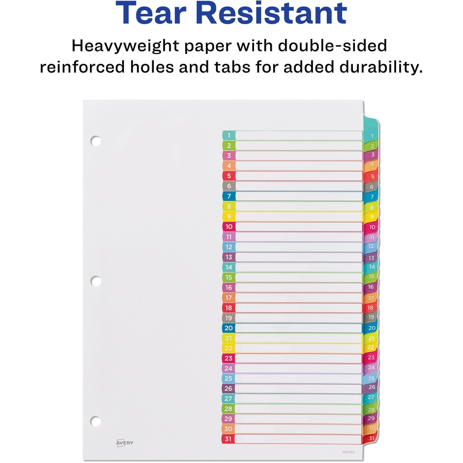 Avery® 1-31 Arched Tab Custom TOC Dividers Set - 31 x Divider(s) - 1-31, Table of Contents - 31 Tab(s)/Set - 8.50" Divider Width x 11" Divider Length - 3 Hole Punched - White Paper Divider - Multicolor Paper Tab(s) - 31 / Set - Index Dividers - AVE11846
