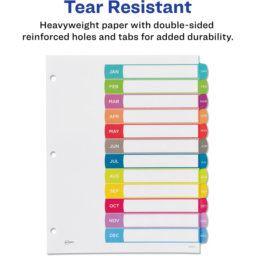 Avery® Ready Index Jan-Dec 12 Tab Dividers, Customizable TOC, 1 Set (11847) - 12 x Divider(s) - Jan-Dec, Table of Contents - 12 Tab(s)/Set - 8.50" Divider Width x 11" Divider Length - 3 Hole Punched - White Paper Divider - Multicolor Paper Tab(s) - 12 - Index Dividers - AVE11847