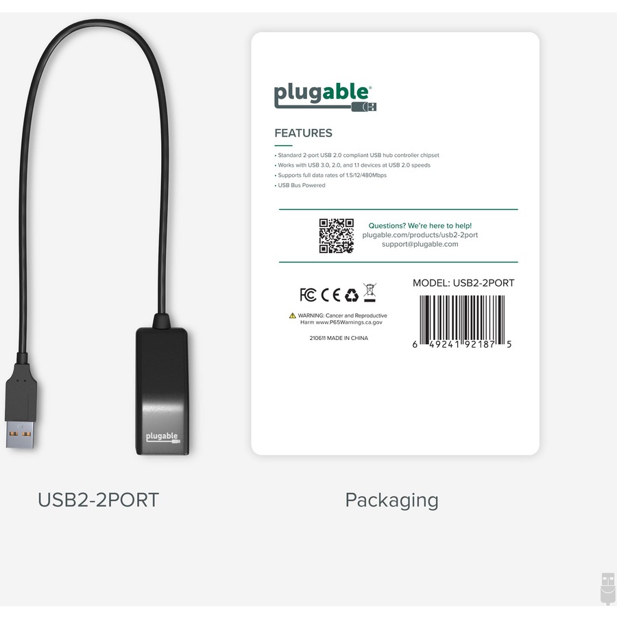 Plugable USB 2.0 2-Port High Speed Ultra Compact Hub Splitter