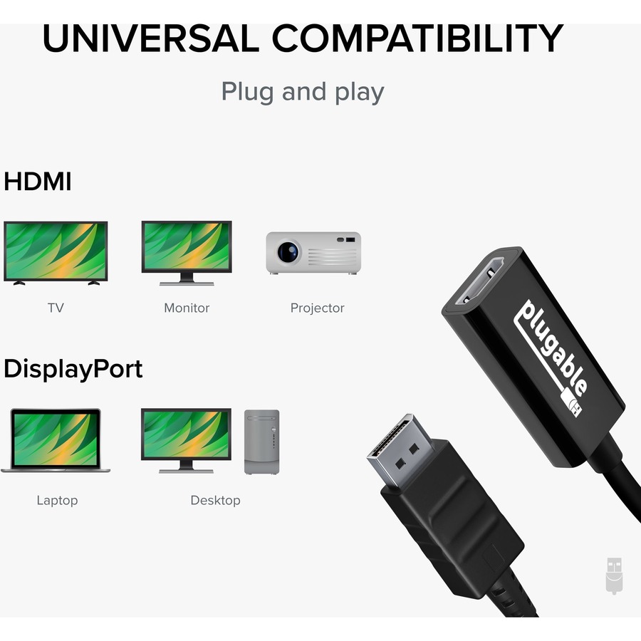 Plugable Active DisplayPort to HDMI Adapter - Connect any DisplayPort-Enabled PC or Tablet to an HDMI Enabled Monitor, TV or Projector for Ultra-HD Video Streaming (HDMI 2.0 up to 4K 3840x2160 @60Hz)