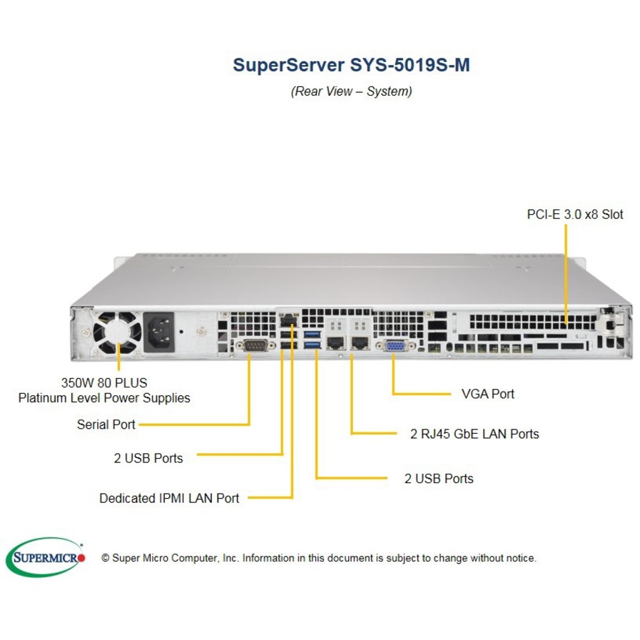 Supermicro SuperServer 5019S-M Barebone System - 1U Rack-mountable - Socket H4 LGA-1151 - 1 x Processor Support