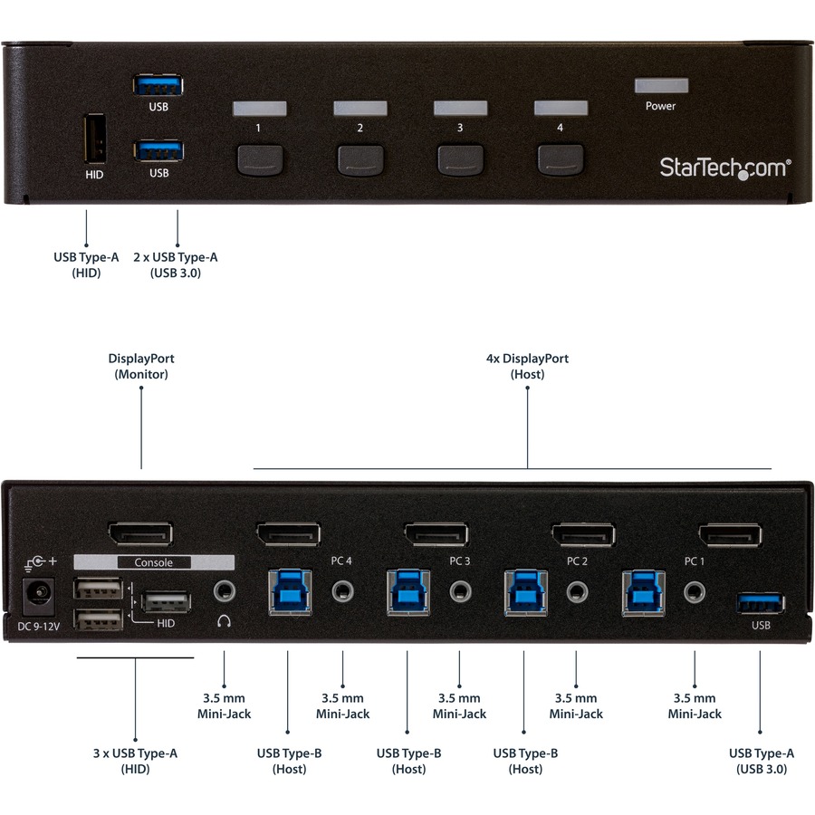 StarTech 4-Port DisplayPort KVM Switch, DP KVM Switch with Built-in USB 3.0 Hub for Peripherals, 4K 30 Hz, TAA