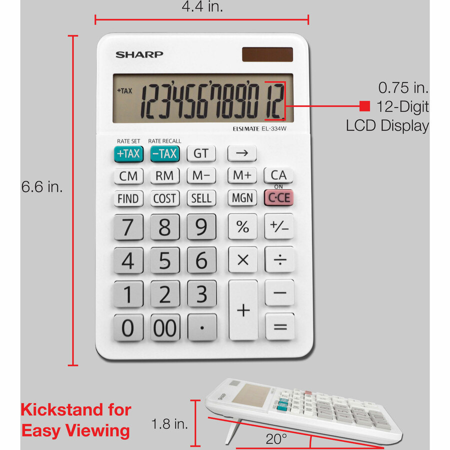 Sharp EL-334WB 12 Digit Professional Large Desktop Calculator with Kick Stand Display - Large Display, Durable, Plastic Key, Dual Power, 4-Key Memory, Angled Display, Kickstand, Sign Change, Double Zero, Independent Memory - 12 Digits - LCD - White - Desk