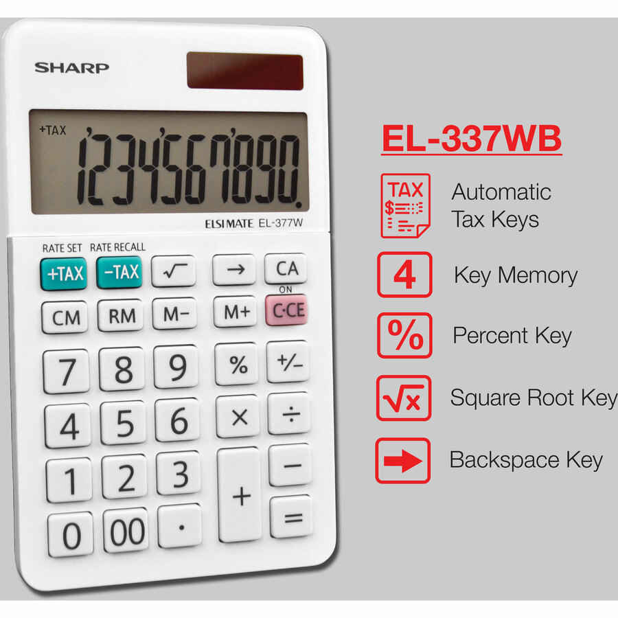 Sharp EL-377WB 10 Digit Professional Handheld Calculator - Extra Large Display, Durable, Plastic Key, Dual Power, 4-Key Memory, Angled Display, Sign Change, Independent Memory - 10 Digits - LCD - White - Desktop - 1 Each