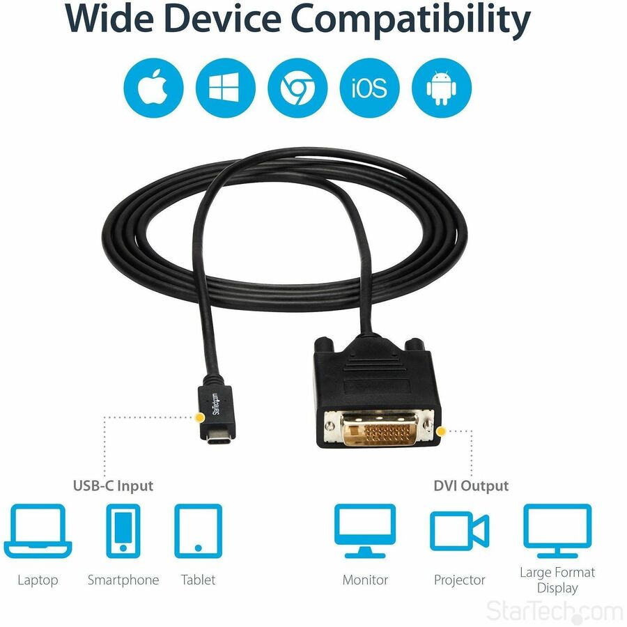 StarTech 6.6 ft / 2 m USB-C to DVI Cable - USB Type-C Video Adapter Cable - 1920 x 1200 - Black
