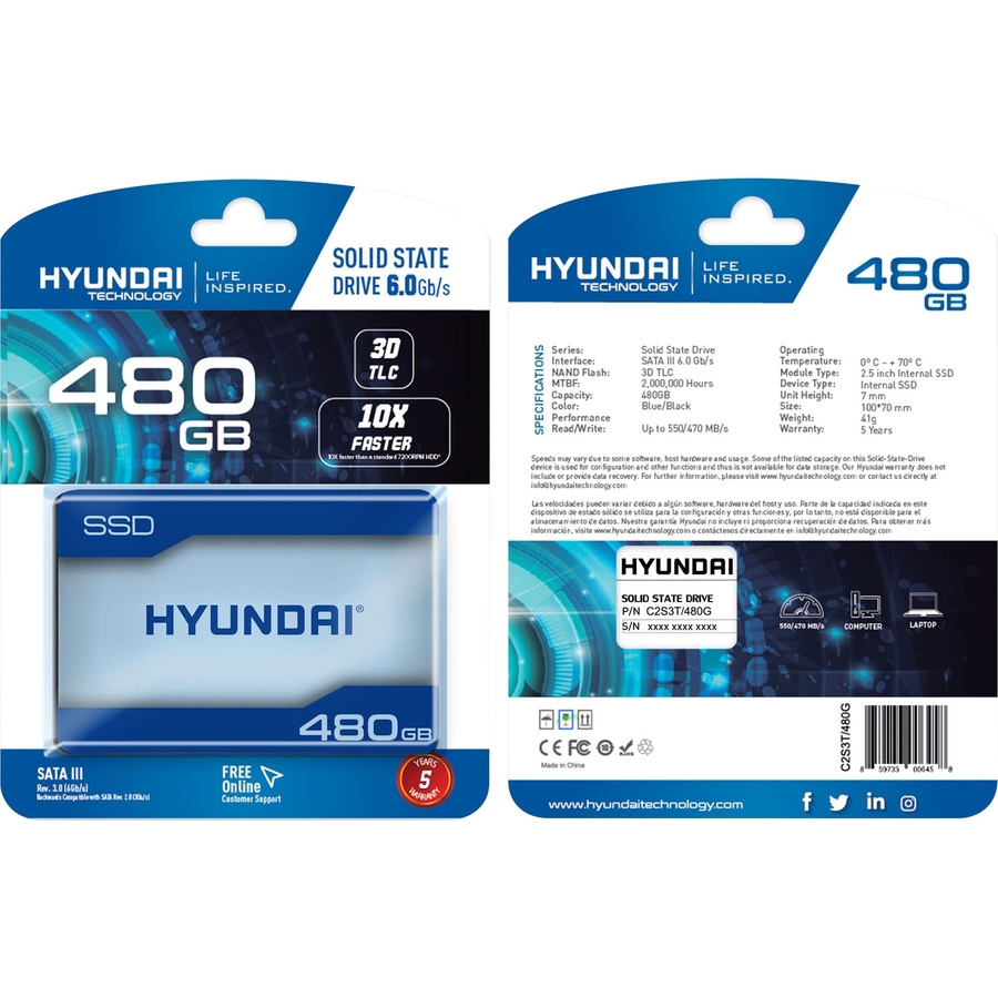 Hyundai 480GB SATA 3D TLC 2.5" Internal PC SSD, Advanced 3D NAND Flash, Up to 550/470 MB/s