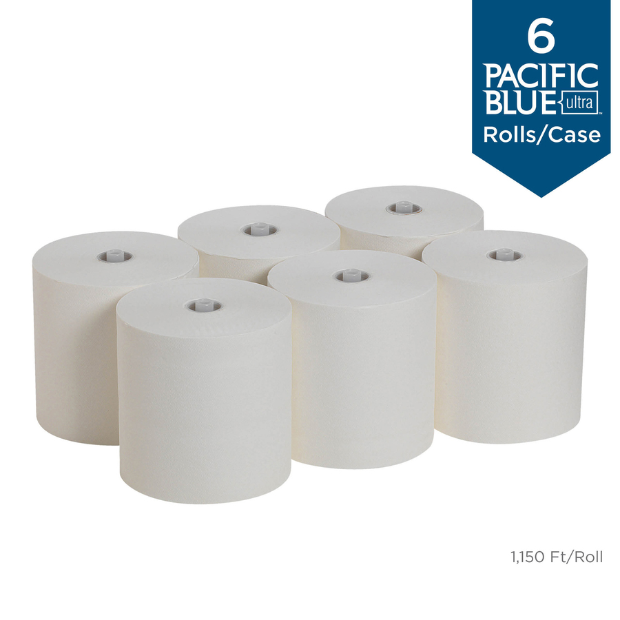 Pacific Blue Ultra High-Capacity Recycled Paper Towel Rolls - 7.87" x 1150 ft - White - Paper - 6 Rolls Per Container - 6 / Carton