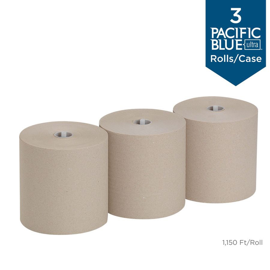 Pacific Blue Ultra High-Capacity Recycled Paper Towel Rolls - 7.87" x 1150 ft - Brown - Paper - 3 Rolls Per Container - 3 / Carton