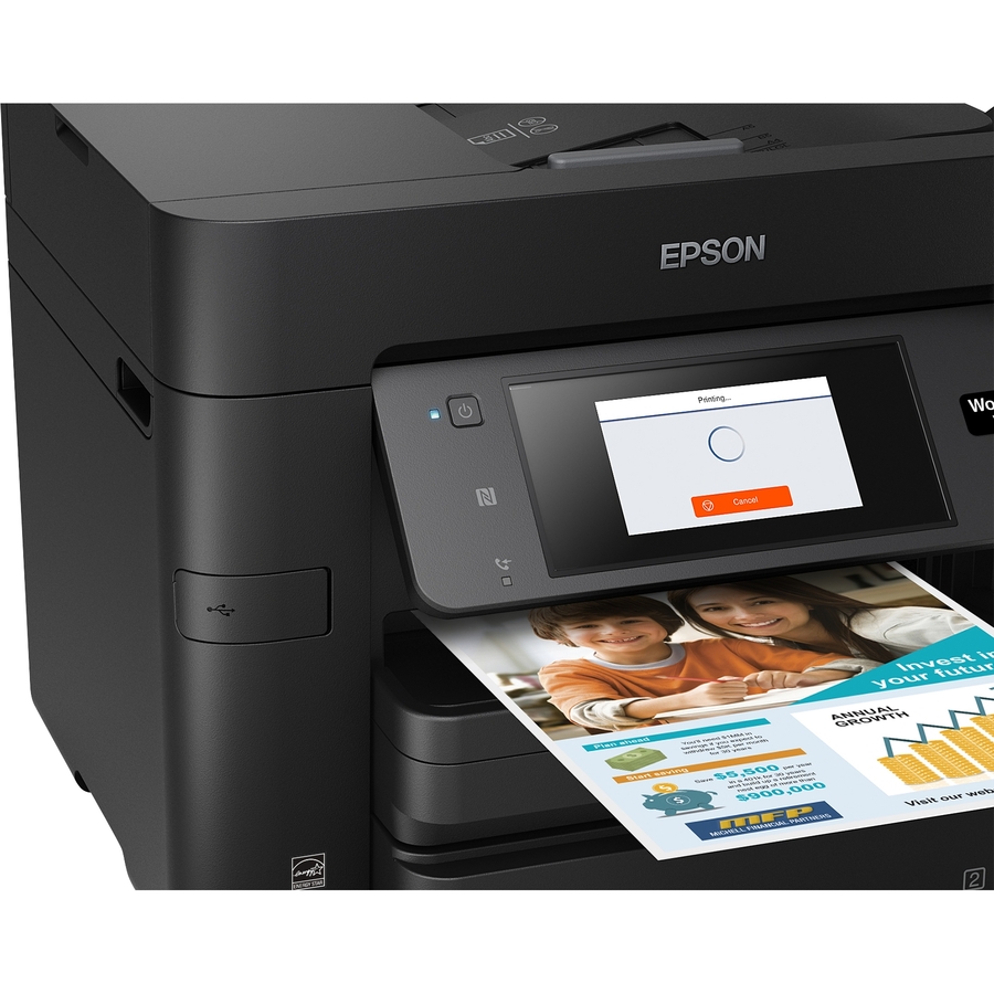 Epson WorkForce Pro WF-4740 Wireless Inkjet Multifunction Printer-Color-Copier/Fax/Scanner-4800x1200 Print-Automatic Duplex Print-30000 Pages Monthly-500 sheets Input-Color Scanner-1200 Optical Scan-Color Fax- Ethernet-Wireless LAN-Apple AirPrint