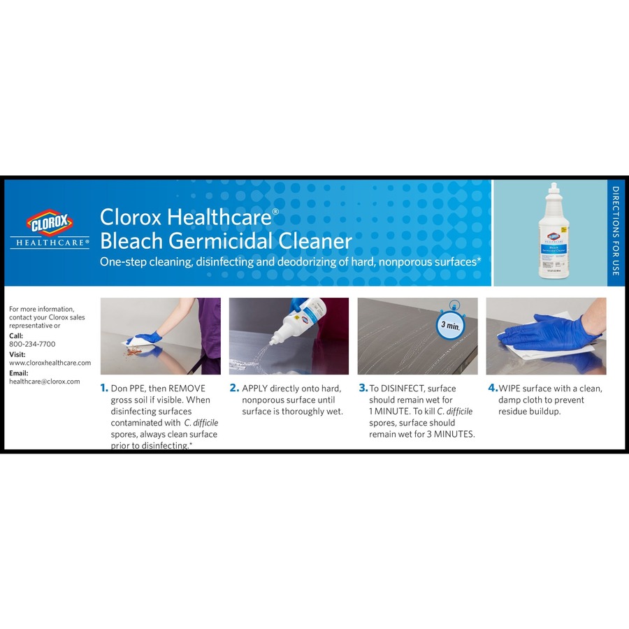 Clorox Healthcare Pull-Top Bleach Germicidal Cleaner - Ready-To-Use - 32 fl oz (1 quart) - 6 / Carton - Disinfectant, Fast Acting, Refillable, Cleanse, Anti-corrosive, Versatile, Anti-bacterial - White