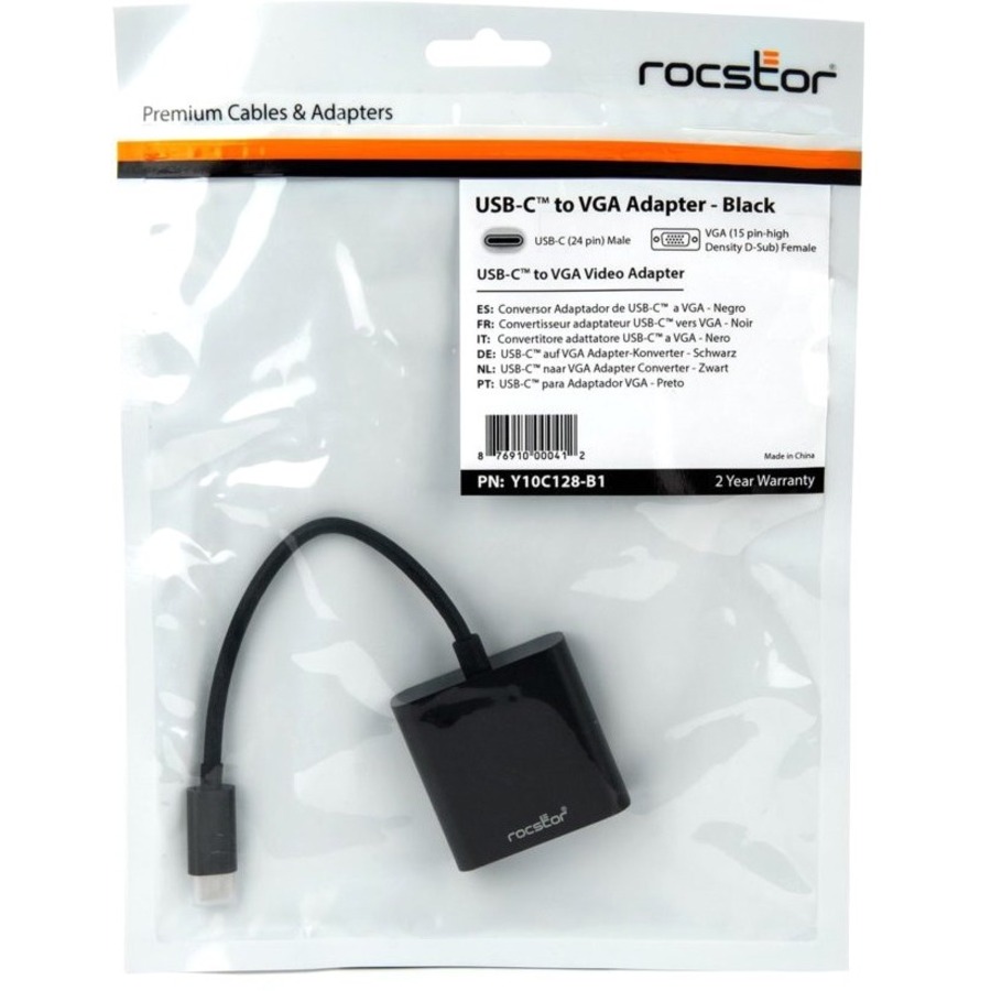 Rocstor Premium USB-C™ to VGA adapter Converter- 6" - USB Type-C to VGA Video Adapter - For use with Macbook&reg;, Macbook Pro&reg;, Chromebook&reg;, Notebook, Projectors, TV, Netbook - 1 Pack - 1 x HD-15 Female VGA - 1 x Type C Male USB - Black USB-C TO VGA VIDEO CONVERTER