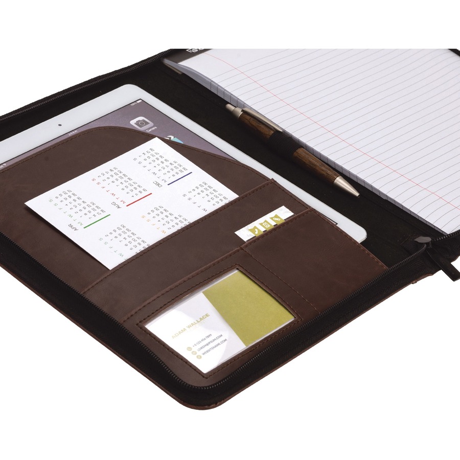 Samsill Letter Pad Folio - 8 1/2" x 11" - Faux Leather, Vinyl - Dark Brown - Zipper Closure, Notepad - 0% Recycled - 1 Each